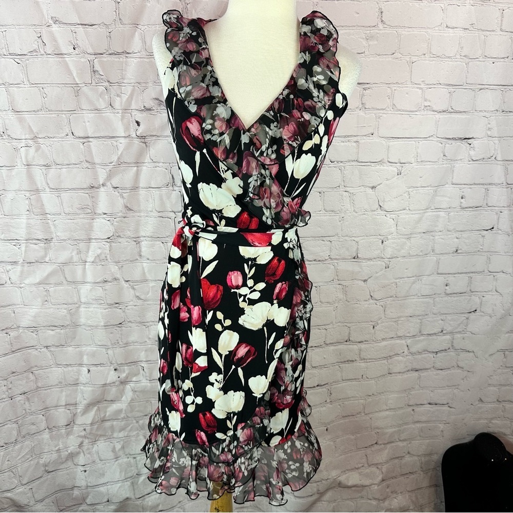 White House Black Market sleeveless faux wrap Floral Midi Dress womens 00 ruffle